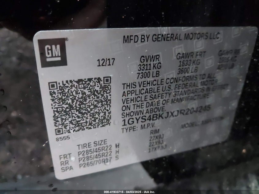 2018 CADILLAC ESCALADE VIN: 1GYS4BKJXJR204245