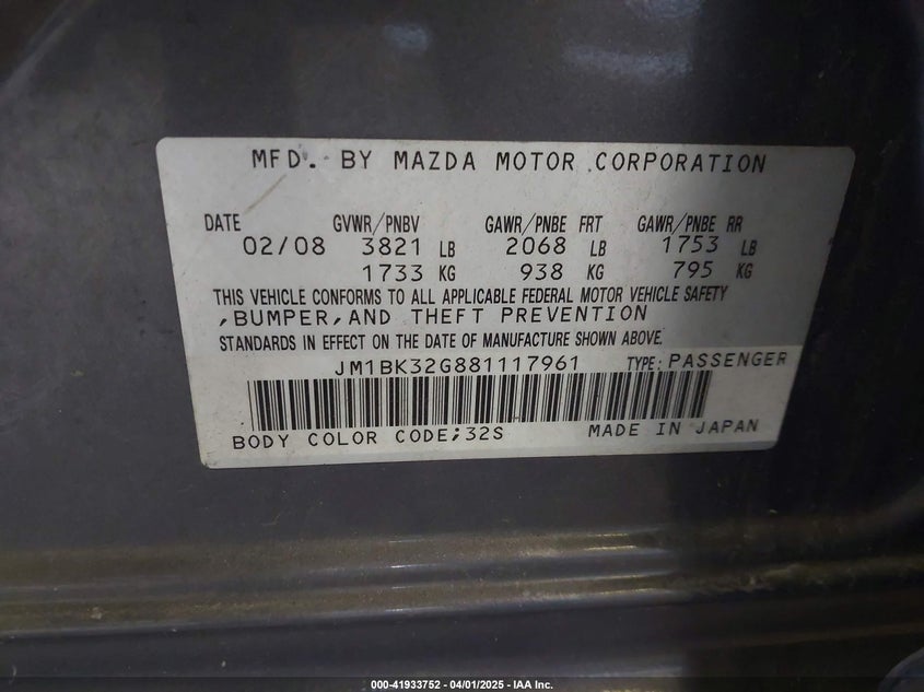 2008 MAZDA MAZDA3 VIN: JM1BK32G881117961