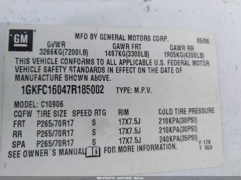 2007 GMC Yukon Xl 1500 Slt VIN: 1GKFC16047R185002 Lot: 41933776
