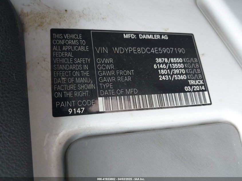 2014 FREIGHTLINER SPRINTER VIN: WDYPE8DC4E5907190