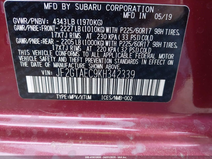 2019 SUBARU CROSSTREK VIN: JF2GTAEC9KH342339