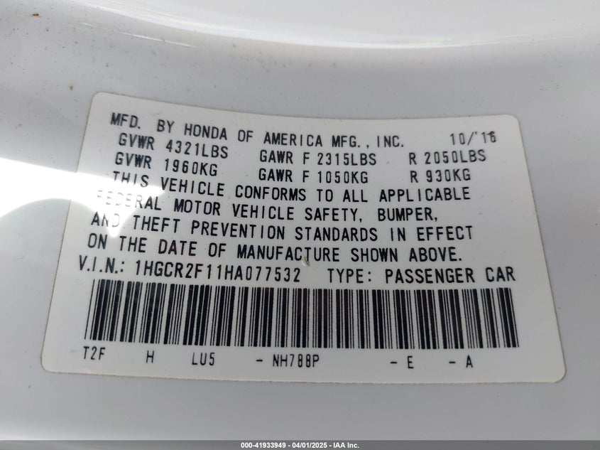 2017 HONDA ACCORD VIN: 1HGCR2F11HA077532
