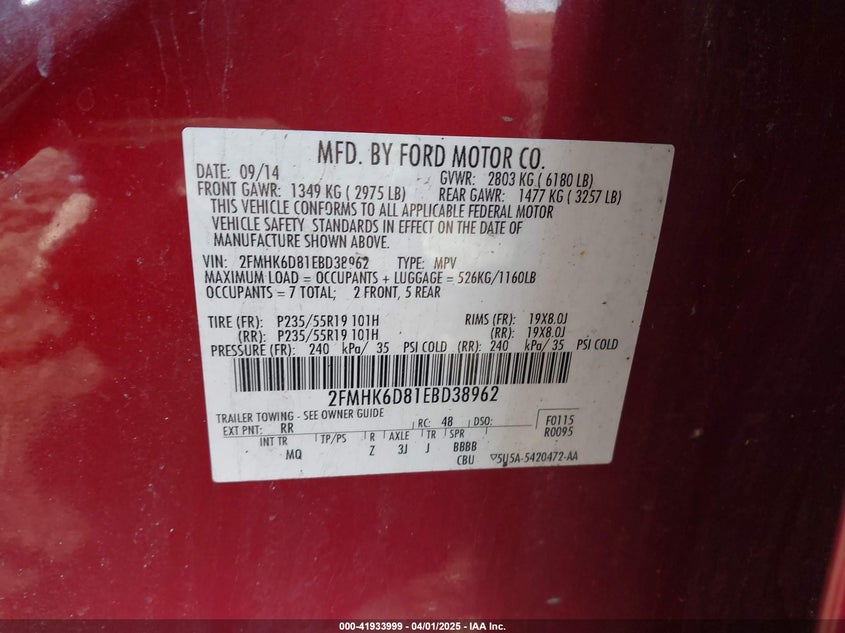 2014 FORD FLEX VIN: 2FMHK6D81EBD38962