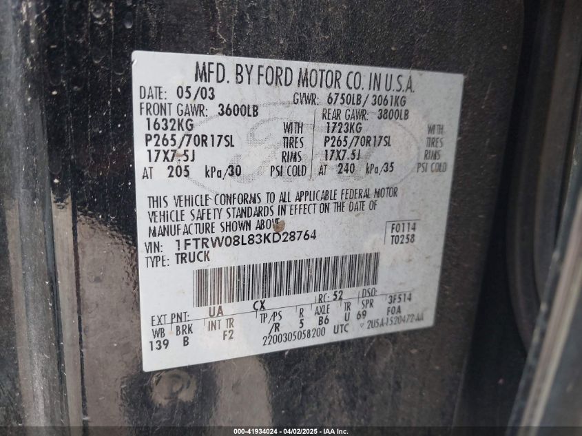 2003 Ford F-150 Lariat/Xlt VIN: 1FTRW08L83KD28764 Lot: 41934024