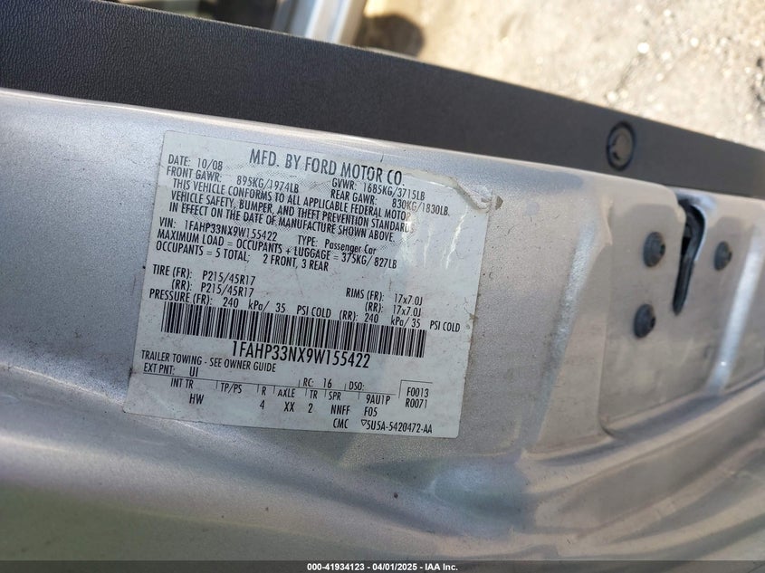 2009 FORD FOCUS VIN: 1FAHP33NX9W155422