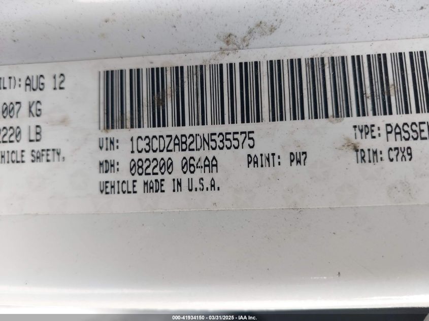 2013 Dodge Avenger Se VIN: 1C3CDZAB2DN535575 Lot: 41934150