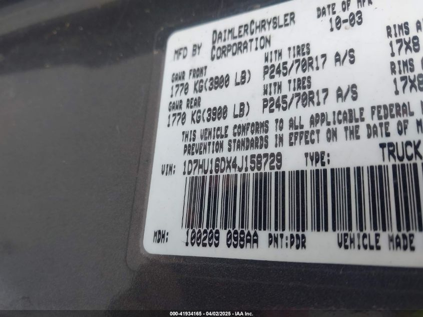 2004 Dodge Ram 1500 St/Slt VIN: 1D7HU16DX4J158729 Lot: 41934165
