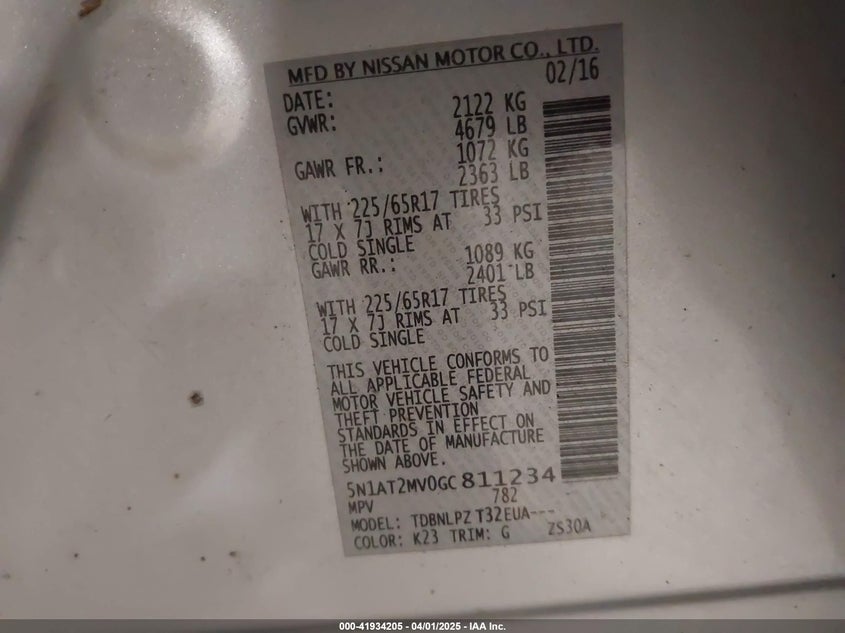 2016 NISSAN ROGUE VIN: 5N1AT2MV0GC811234