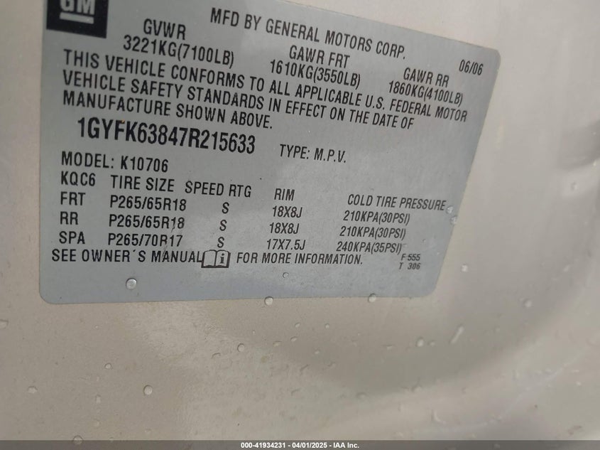 2007 CADILLAC ESCALADE VIN: 1GYFK63847R215633