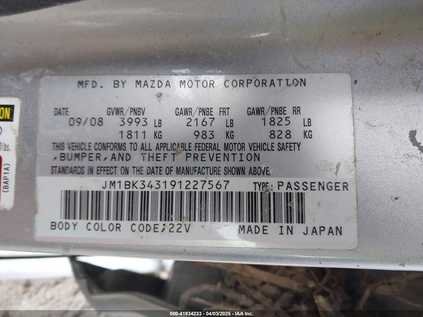 2009 Mazda Mazda3 S Touring VIN: JM1BK343191227567 Lot: 41934233