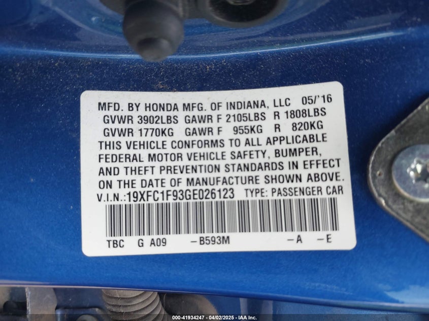 2016 HONDA CIVIC VIN: 19XFC1F93GE026123