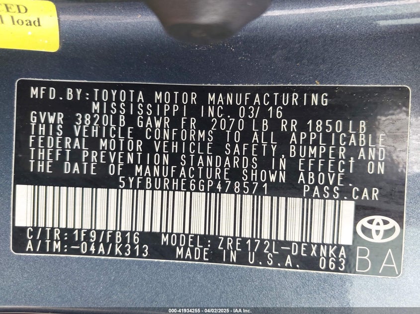 2016 TOYOTA COROLLA L/LE/LE PLS/PRM/S/S PLS - 5YFBURHE6GP478571