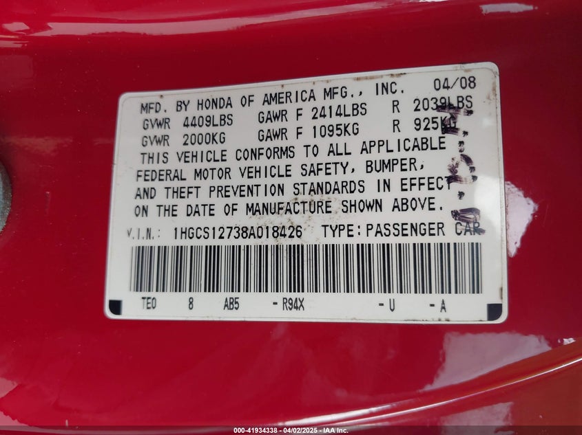 2008 HONDA ACCORD VIN: 1HGCS12738A018426