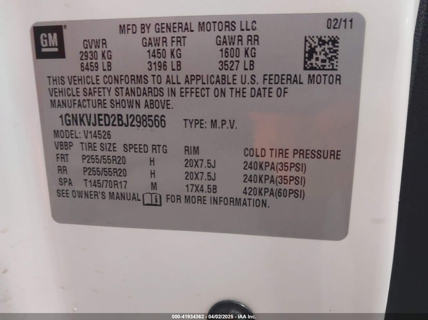2011 CHEVROLET TRAVERSE VIN: 1GNKVJED2BJ298566