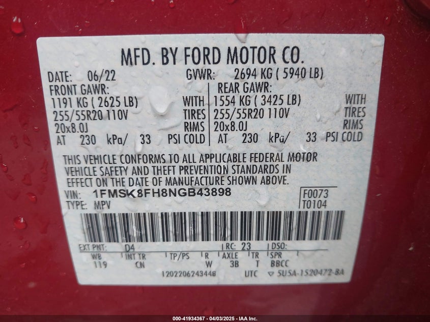 2022 FORD EXPLORER VIN: 1FMSK8FH8NGB43898