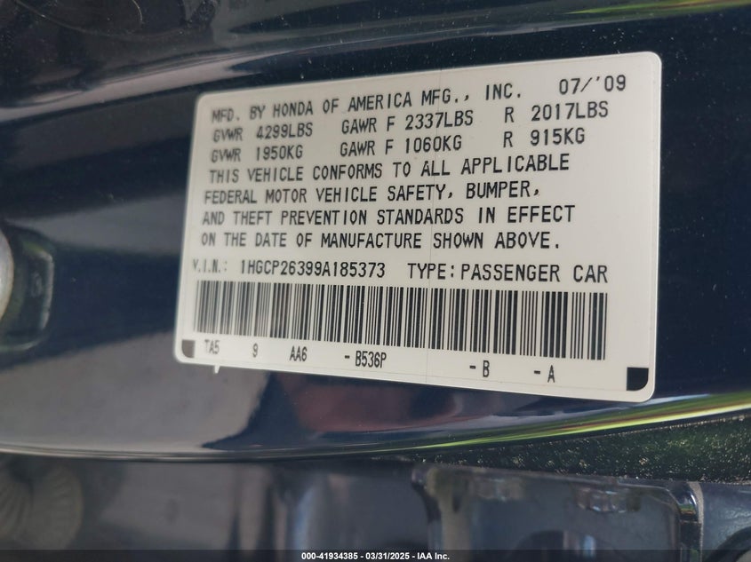 2009 HONDA ACCORD VIN: 1HGCP26399A185373
