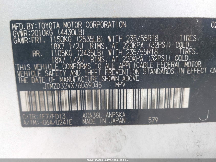 2007 TOYOTA RAV4 VIN: JTMZD32VX76039045
