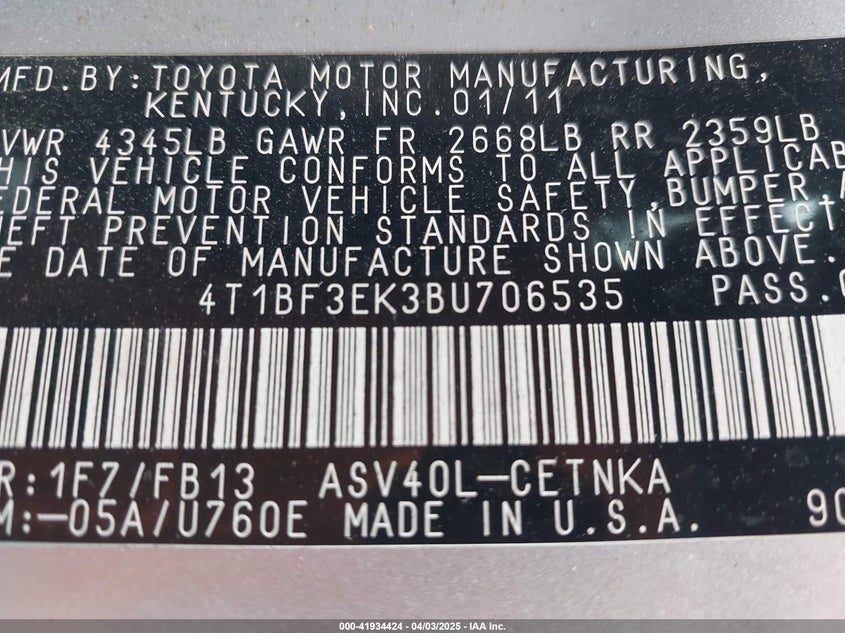 2011 TOYOTA CAMRY VIN: 4T1BF3EK3BU706535