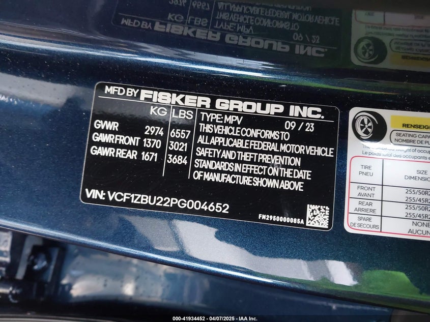 VIN VCF1ZBU22PG004652 2023 FISKER OCEAN ONE