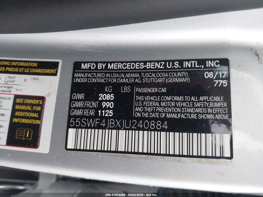 2018 MERCEDES-BENZ C VIN: 55SWF4JBXJU240884