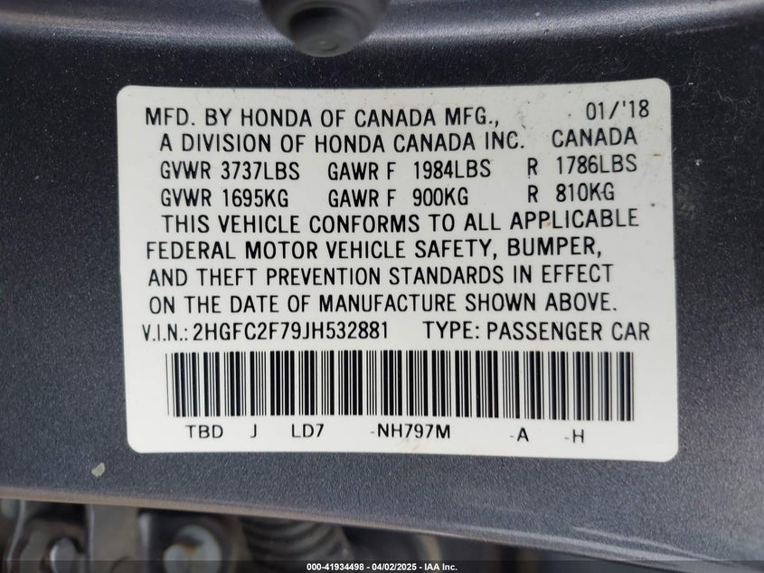 2018 HONDA CIVIC VIN: 2HGFC2F79JH532881