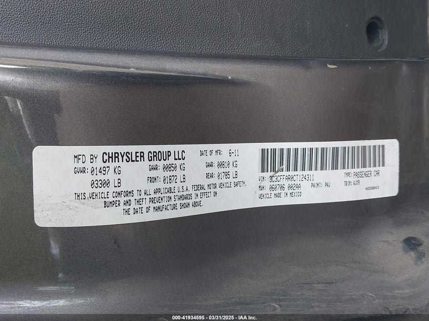 2012 FIAT 500 VIN: 3C3CFFAR0CT124311