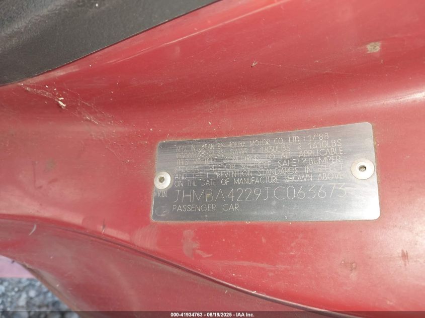 1988 Honda Prelude 2.0S VIN: JHMBA4229JC063673 Lot: 41934763