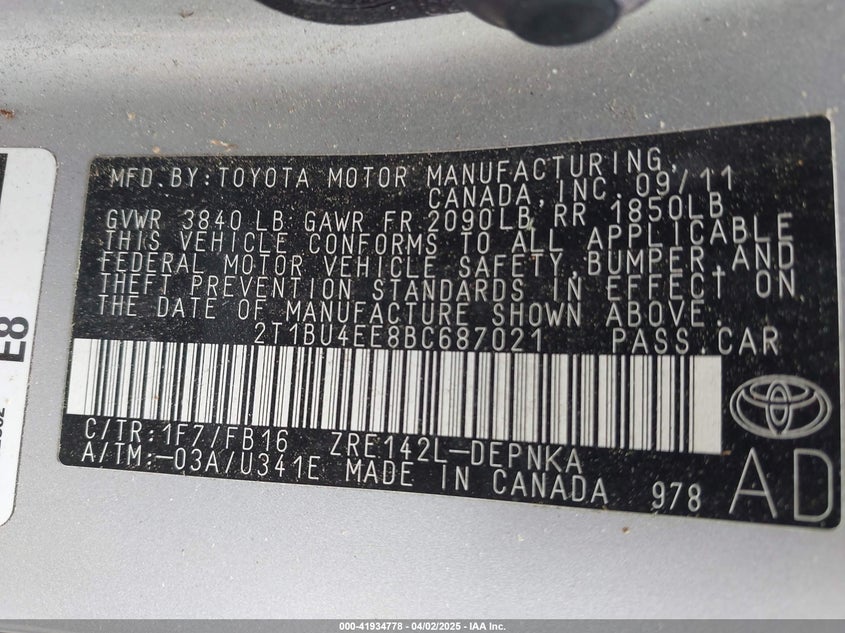 2011 TOYOTA COROLLA VIN: 2T1BU4EE8BC687021