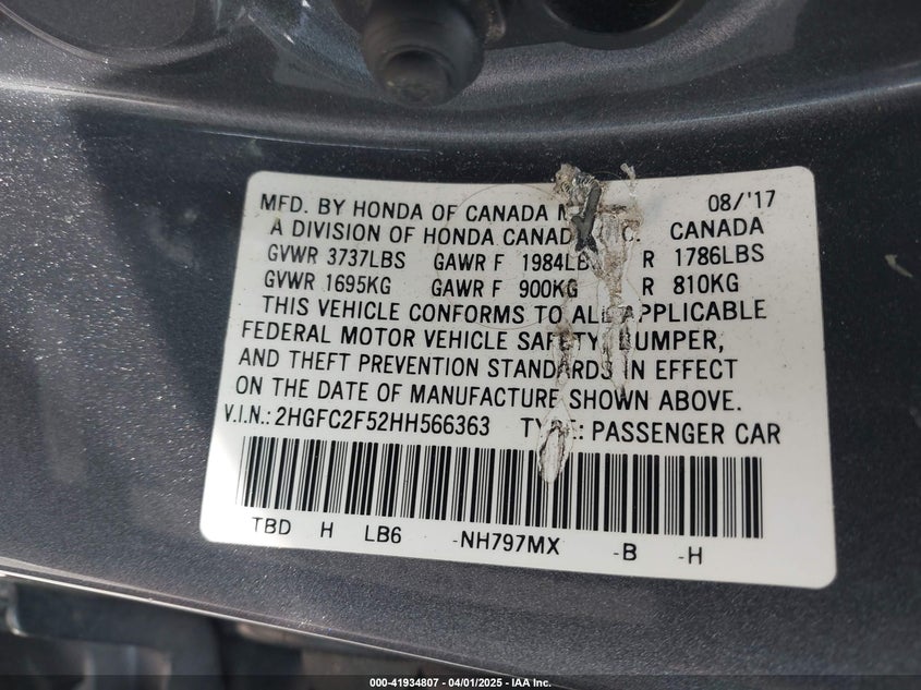 2017 HONDA CIVIC VIN: 2HGFC2F52HH566363