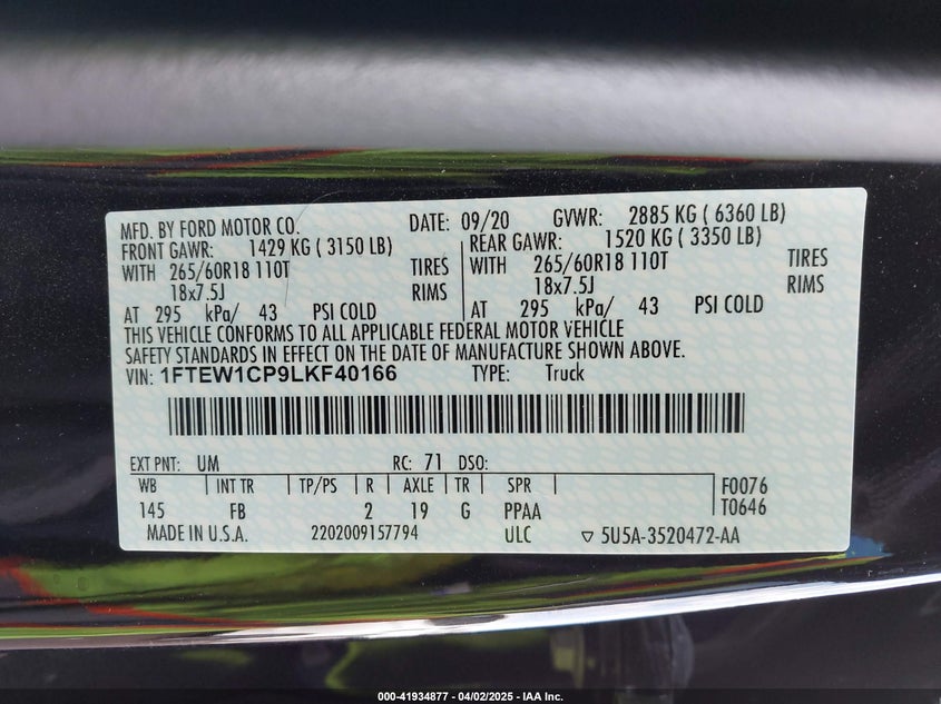 2020 FORD F-150 VIN: 1FTEW1CP9LKF40166