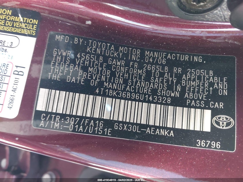 2006 TOYOTA AVALON VIN: 4T1BK36B96U143328