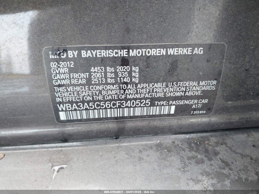 2012 BMW 328 VIN: WBA3A5C56CF340525