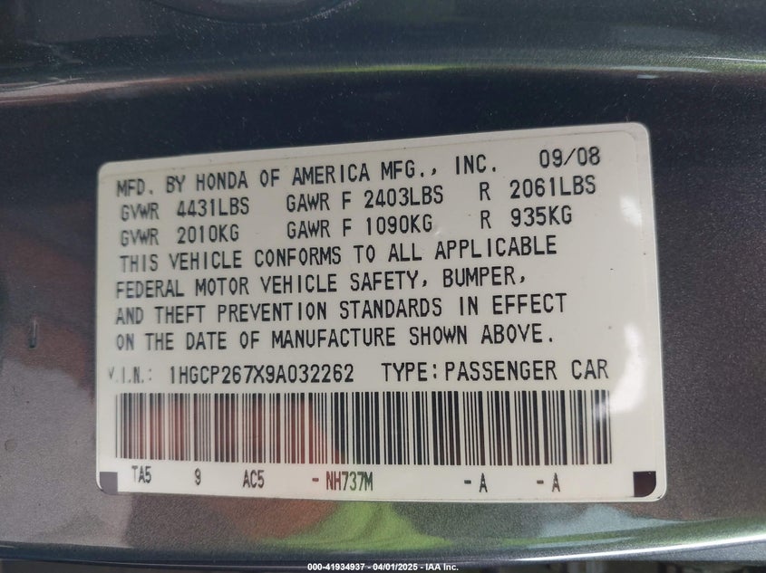 2009 HONDA ACCORD VIN: 1HGCP267X9A032262