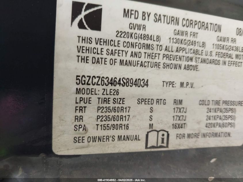 2004 Saturn Vue V6 VIN: 5GZCZ63464S894034 Lot: 41934952