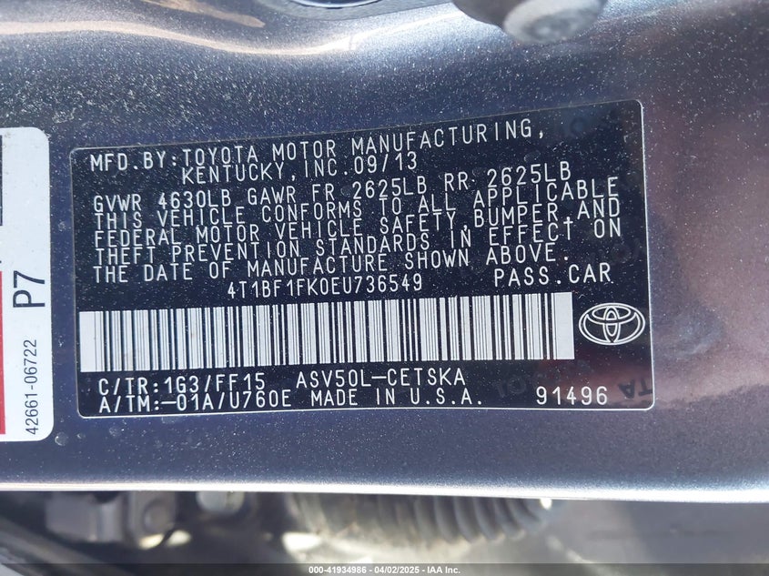 2014 TOYOTA CAMRY VIN: 4T1BF1FK0EU736549