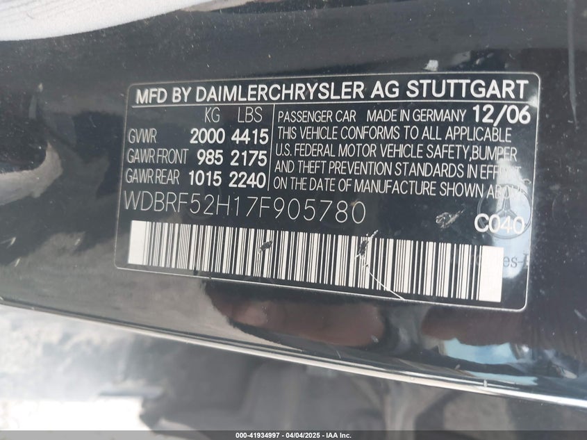 2007 Mercedes-Benz C 230 Sport VIN: WDBRF52H17F905780 Lot: 41934997