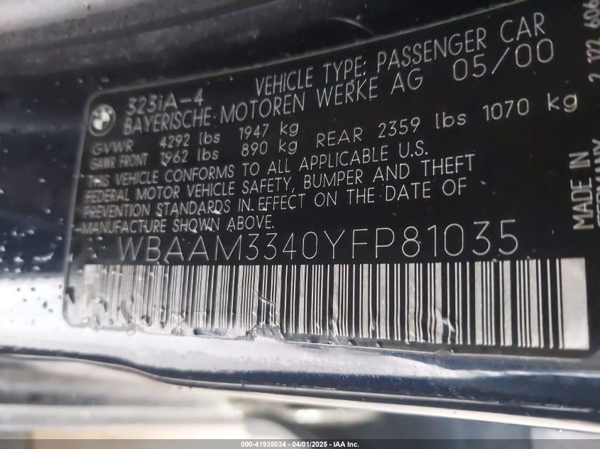 2000 BMW 323I VIN: WBAAM3340YFP81035 Lot: 41935034