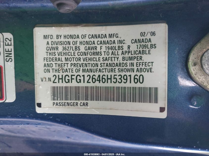 2006 Honda Civic Lx VIN: 2HGFG12646H539160 Lot: 41935063