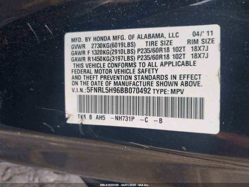 2011 Honda Odyssey Touring/Touring Elite VIN: 5FNRL5H96BB070492 Lot: 41935109