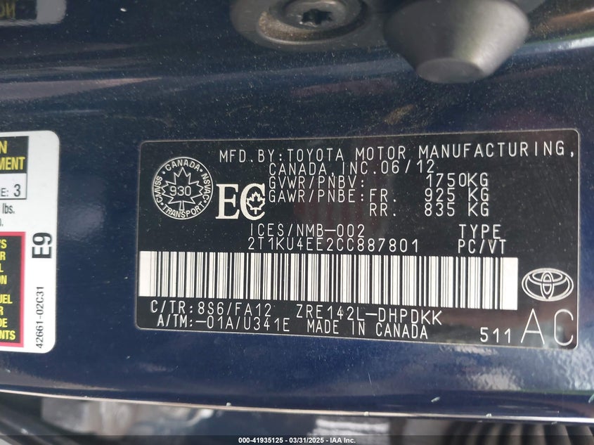 2012 TOYOTA MATRIX VIN: 2T1KU4EE2CC887801