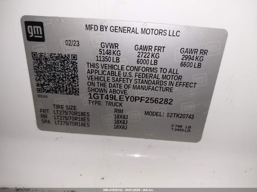 2023 GMC Sierra 2500Hd 4Wd Standard Bed Pro VIN: 1GT49LEY0PF256282 Lot: 41935142