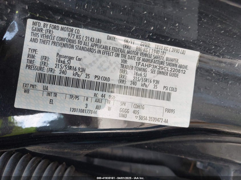 2012 FORD FOCUS VIN: 1FAHP3K29CL220812