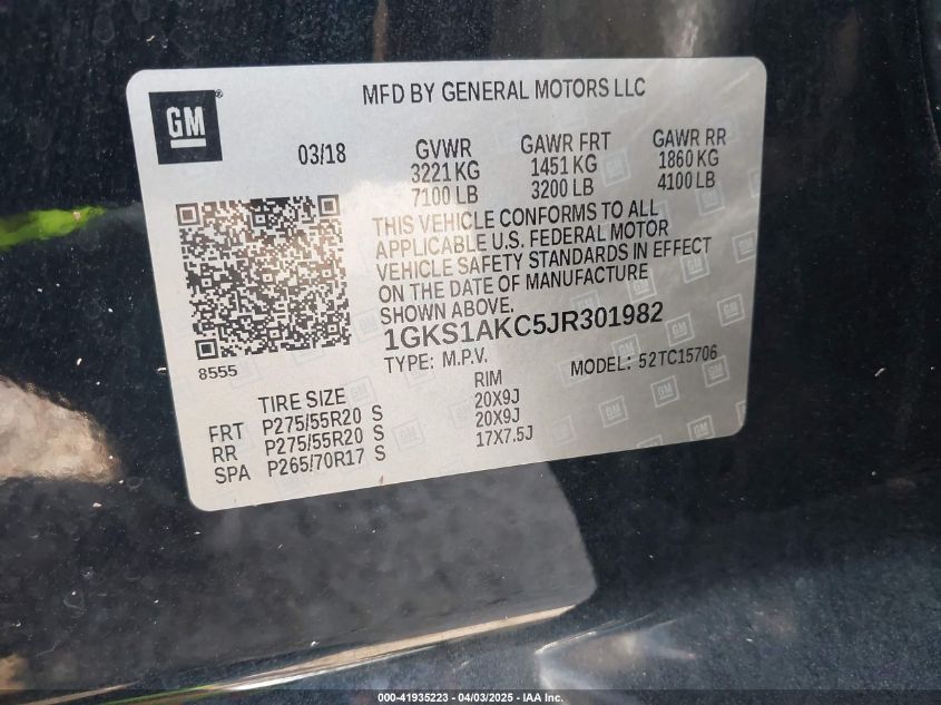 2018 GMC Yukon Sle VIN: 1GKS1AKC5JR301982 Lot: 41935223