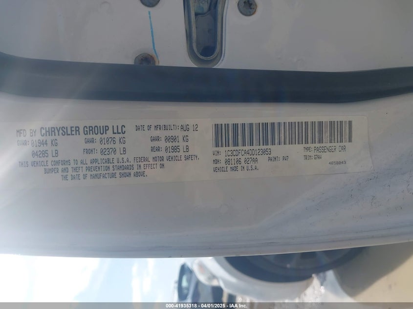 2013 DODGE DART VIN: 1C3CDFCA4DD123053