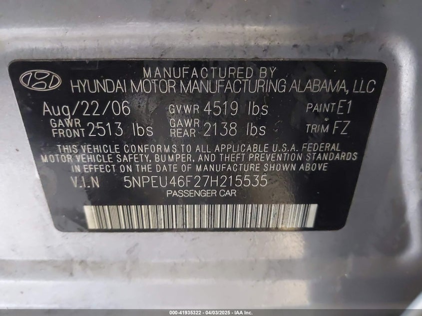 5NPEU46F27H215535 2007 HYUNDAI SONATA photo no. 9