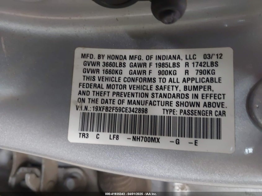 2012 HONDA CIVIC VIN: 19XFB2F59CE342898