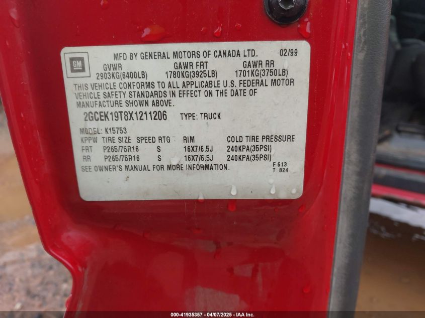 1999 Chevrolet Silverado VIN: 2GCEK19P8X1211206 Lot: 41935357