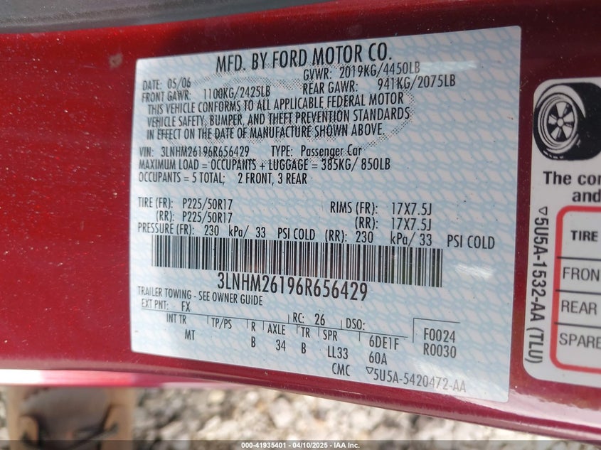 2006 LINCOLN ZEPHYR VIN: 3LNHM26196R656429