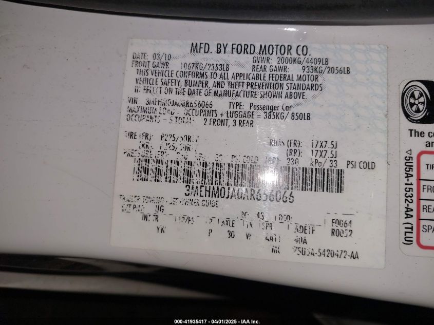 2010 Mercury Milan Premier VIN: 3MEHM0JA0AR656066 Lot: 41935417