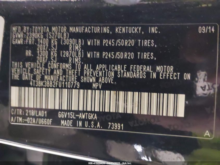 2015 Toyota Venza Xle V6 VIN: 4T3BK3BB2FU110779 Lot: 41935428